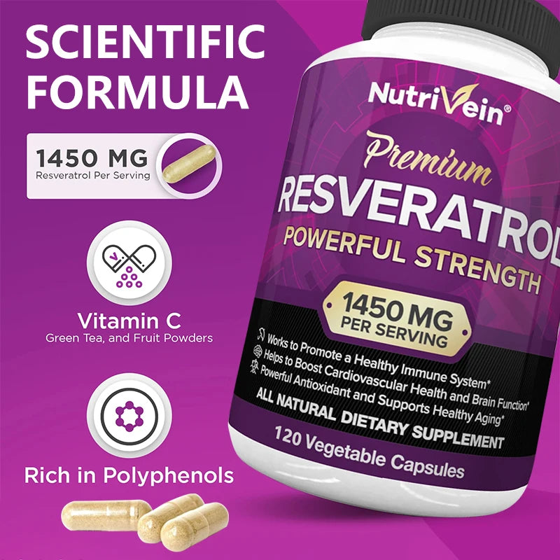 Nutrivein Premium Resveratrol 1450 Mg, 120 Capsules, Antioxidant, Supports a Healthy Immune System