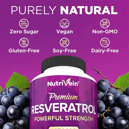 Nutrivein Premium Resveratrol 1450 Mg, 120 Capsules, Antioxidant, Supports a Healthy Immune System