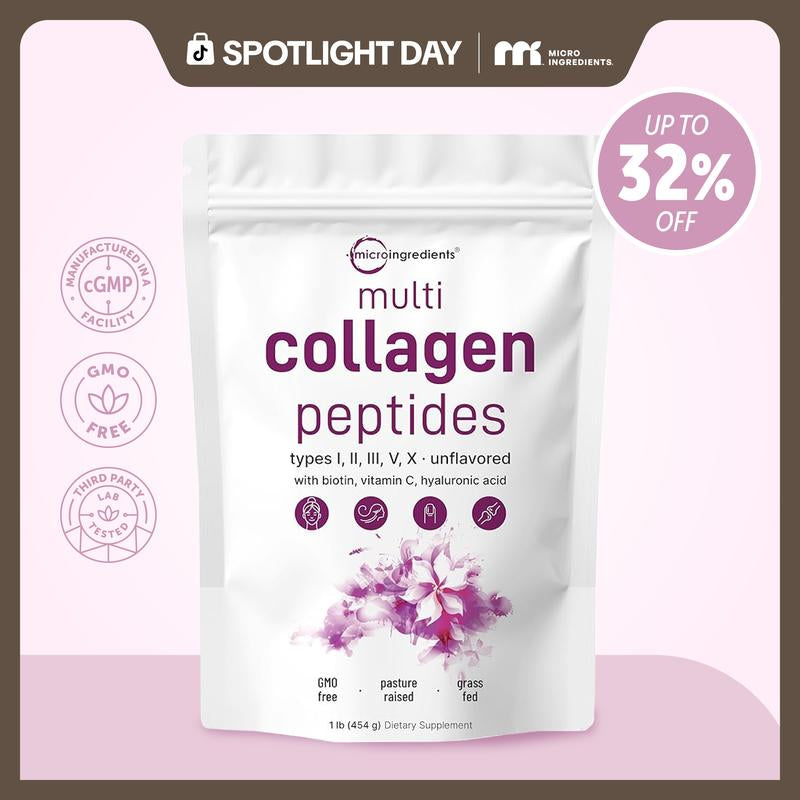 Micro Ingredients Multi Collagen Peptides Powder - Hydrolyzed Protein Peptides (Type I,II,III,V,X) with Hyaluronic Acid, Biotin & Vitamin C Unflavored