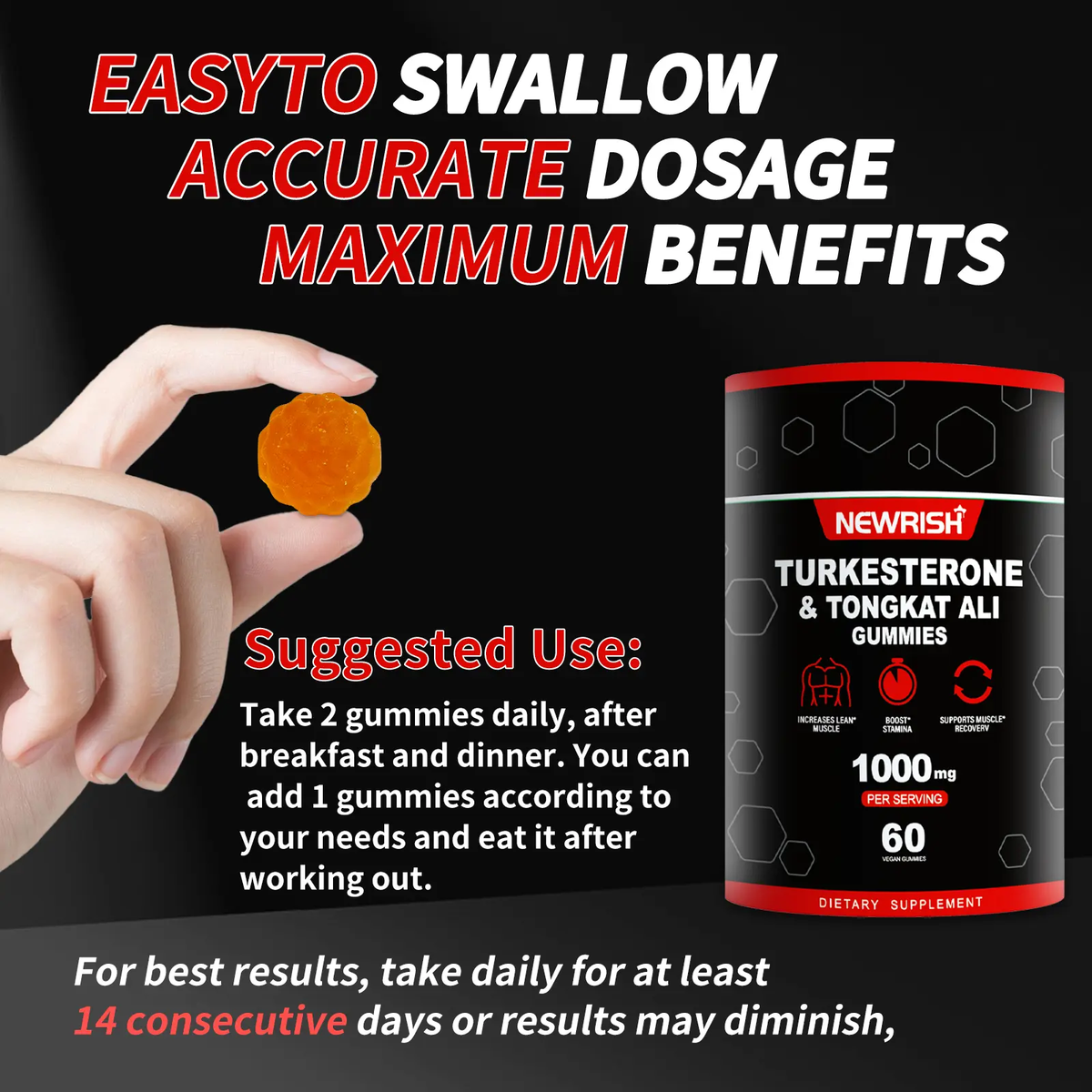 Newrish Strength Gummies - Contains Turkstan Charantia and Tongkat Ali Extracts - Immunoglobulins - Enhances Strength and Muscle Growth - 60 Gummies