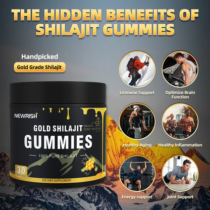 Newrish Gold Grade 100% Pure Shilajit Gummies | 85+ Trace Minerals and Fulvic Acid | All Natural | Immune and Energy Support | 30 Gummies