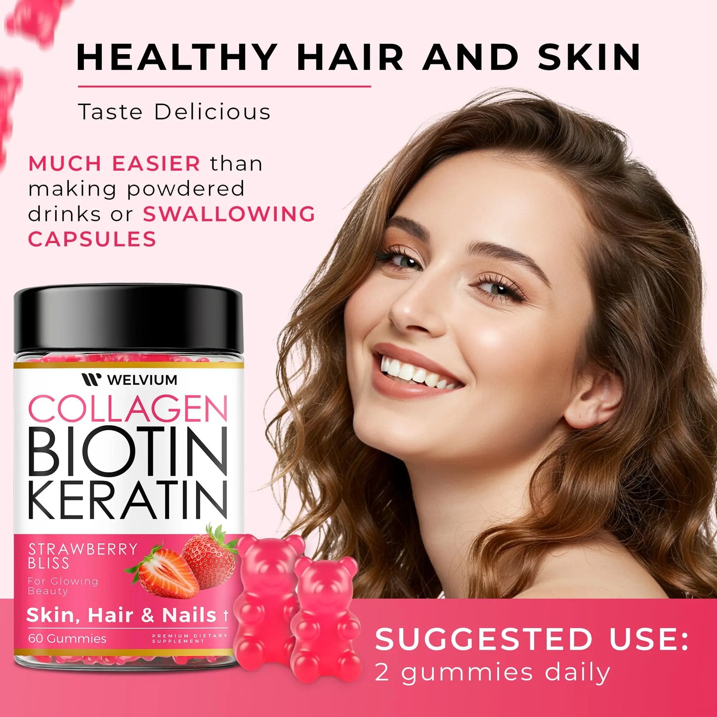 WELVIUM Biotin + Collagen Gummies with Keratin, Hyaluronic Acid, Zinc & Vitamins for Hair Growth, Skin Health & Stronger Nails Healthcare Supplement Fitness Dietary Edible Colagen Beauty Bathroom Beauty Dietary Colagen
