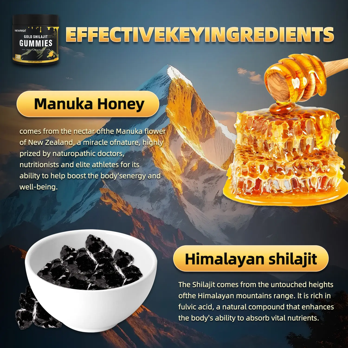 Newrish Gold Grade 100% Pure Shilajit Gummies | 85+ Trace Minerals and Fulvic Acid | All Natural | Immune and Energy Support | 30 Gummies