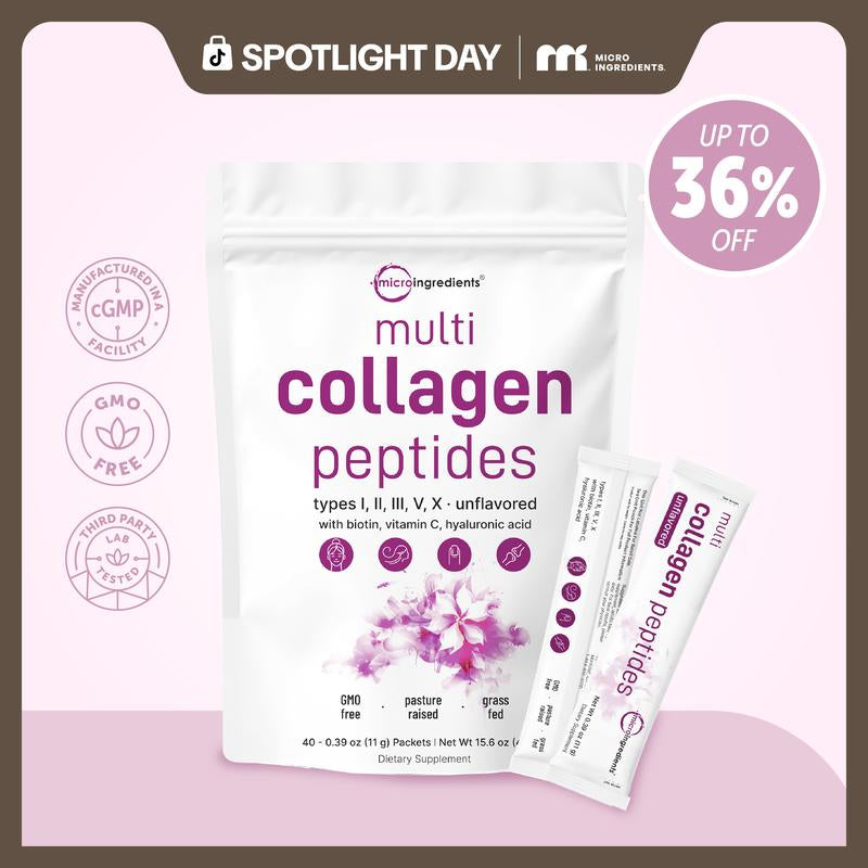 Micro Ingredients Multi Collagen Peptides Powder - Hydrolyzed Protein Peptides (Type I,II,III,V,X) with Hyaluronic Acid, Biotin & Vitamin C Unflavored