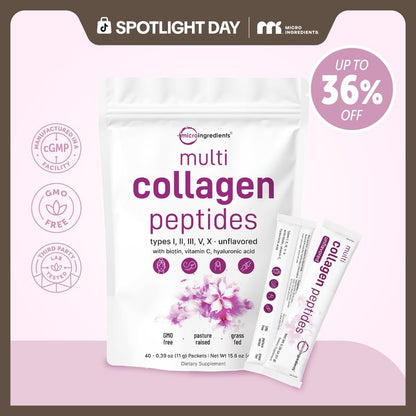 Micro Ingredients Multi Collagen Peptides Powder - Hydrolyzed Protein Peptides (Type I,II,III,V,X) with Hyaluronic Acid, Biotin & Vitamin C Unflavored